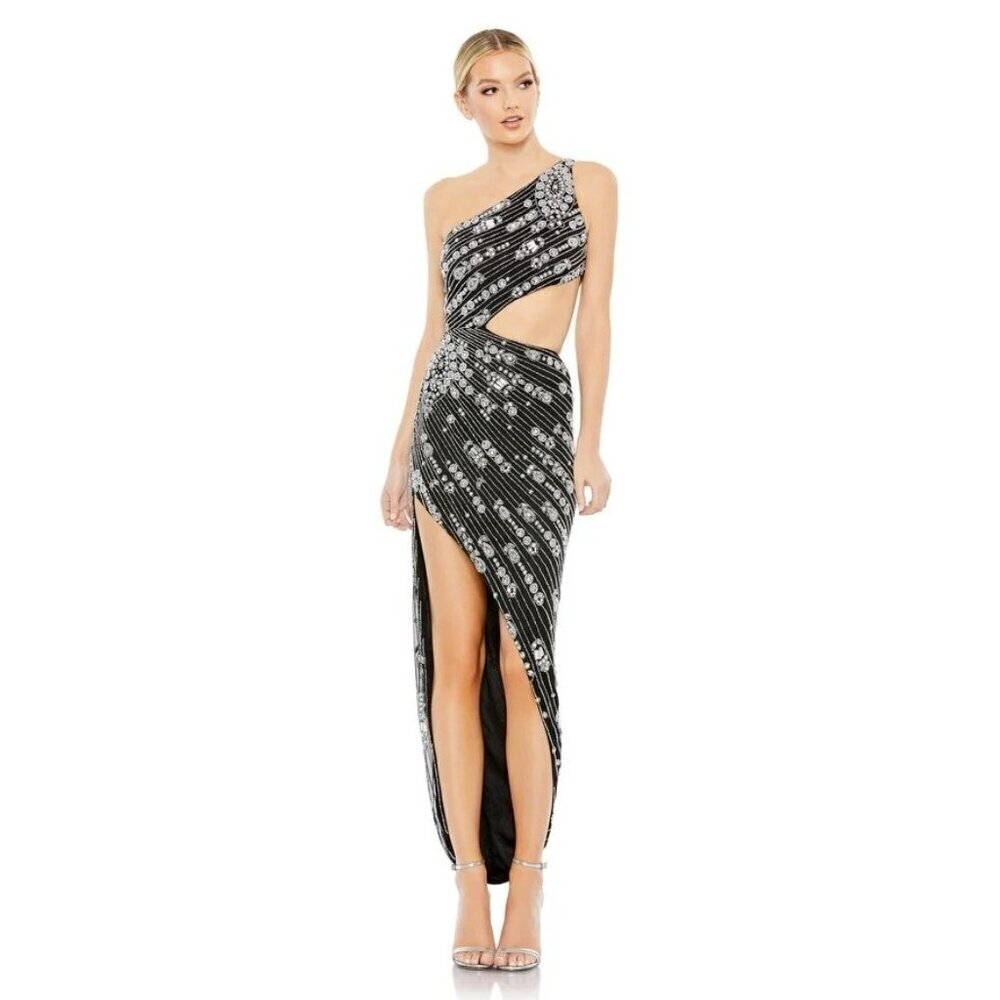 Mac Duggal 10880 One-Shoulder Cut Out Black Evening Gown Size 2 NWT Pearls Beads